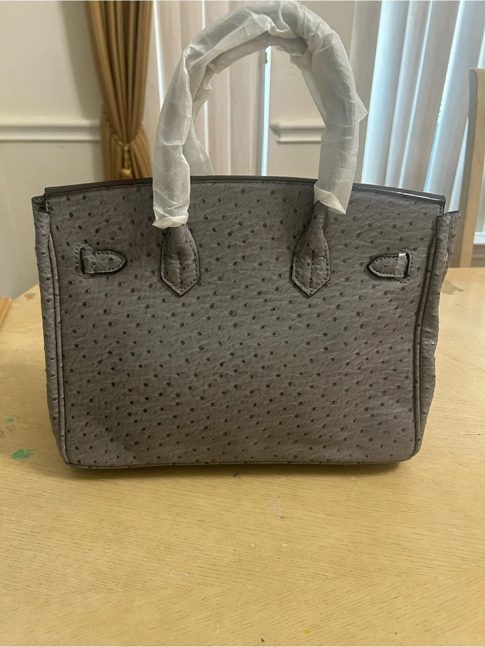 Classic Gray Ostrich-Texture Women’s Satchel UNBRANDED BIRKIN STYLE